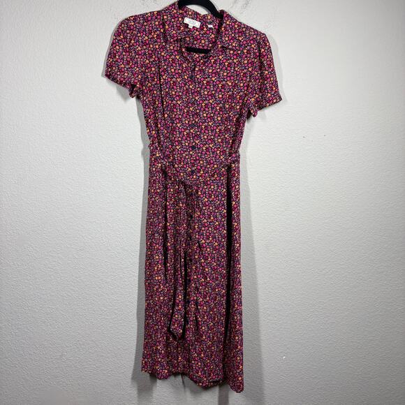 Fat Face Size 2 Midi Shirt Dress Red Pink Floral Belted Short Sleeves Colorful - Picture 2 of 10